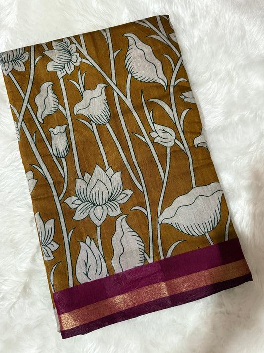 Floral Kalamkari Silk Saree – Mustard with Violet Zari Border