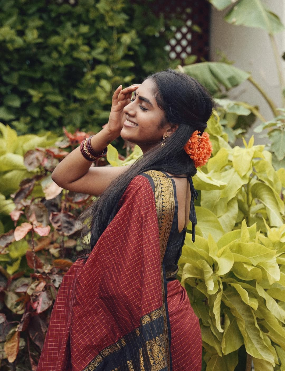 Nimisha Sajayan inspired Maroon with Black checked Silk Cotton Saree