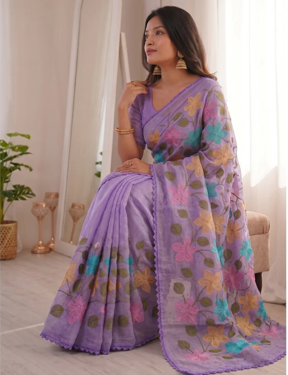 Lavender Viscose Saree with Floral Thread Work