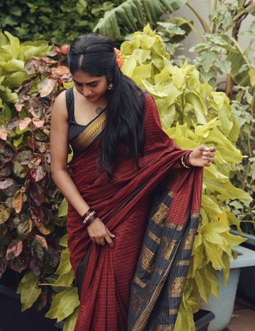 Nimisha Sajayan inspired Maroon with Black checked Silk Cotton Saree