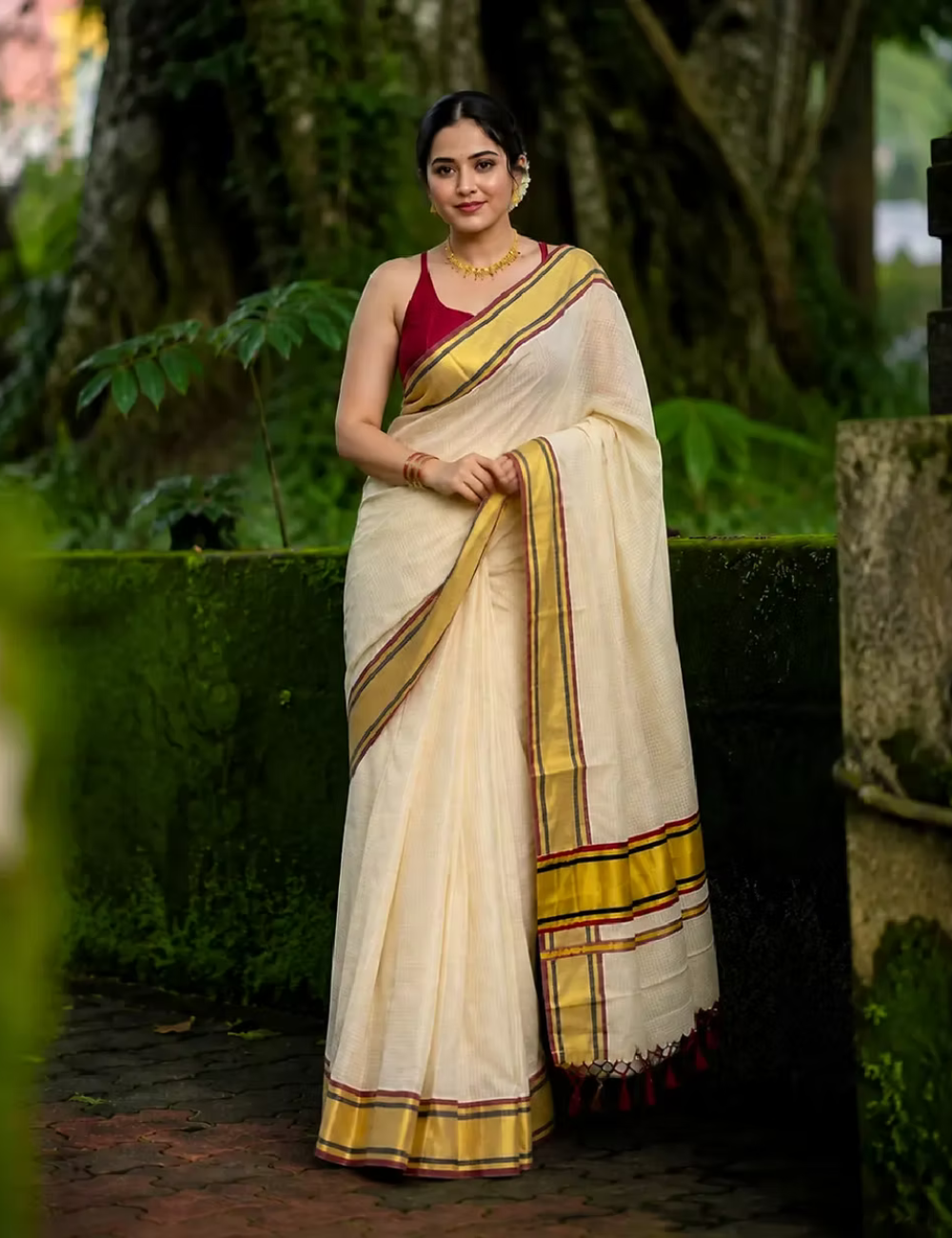 Maroon & Black Micro Checks Kasavu Cotton Saree For Women