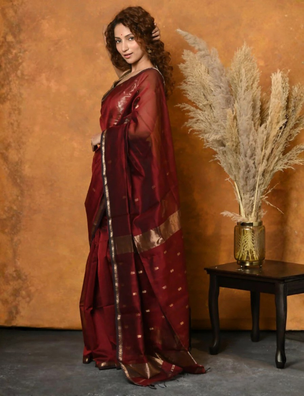 Maroon - Silk Cotton Handloom Saree