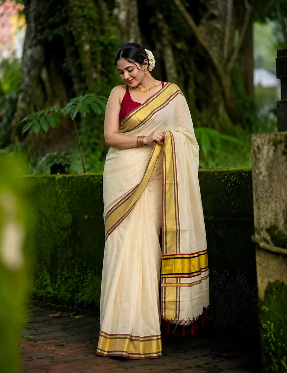 Maroon & Black Micro Checks Kasavu Cotton Saree For Women