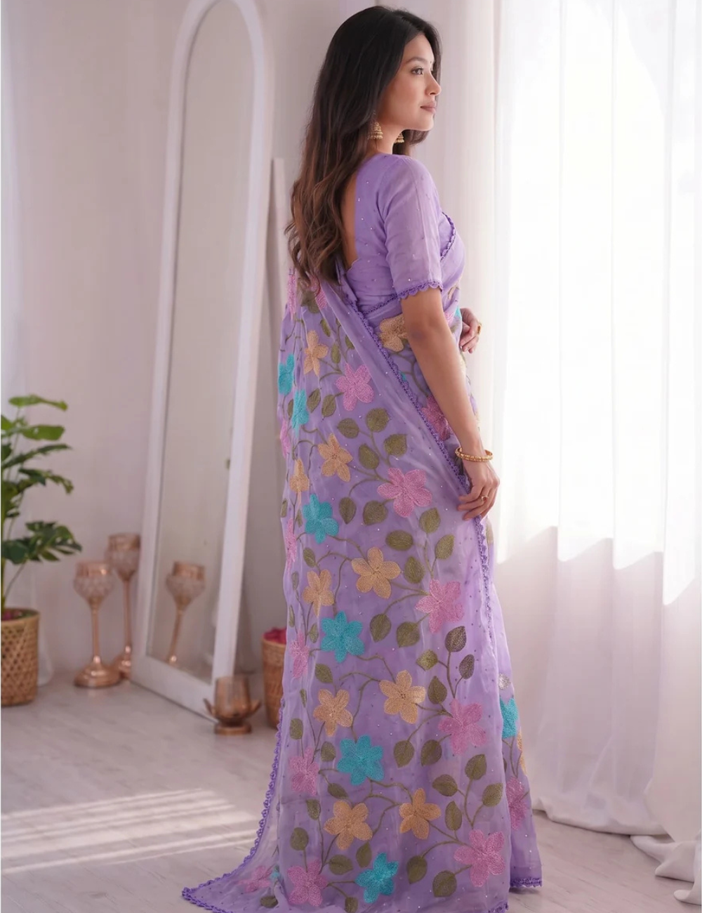 Lavender Viscose Saree with Floral Thread Work
