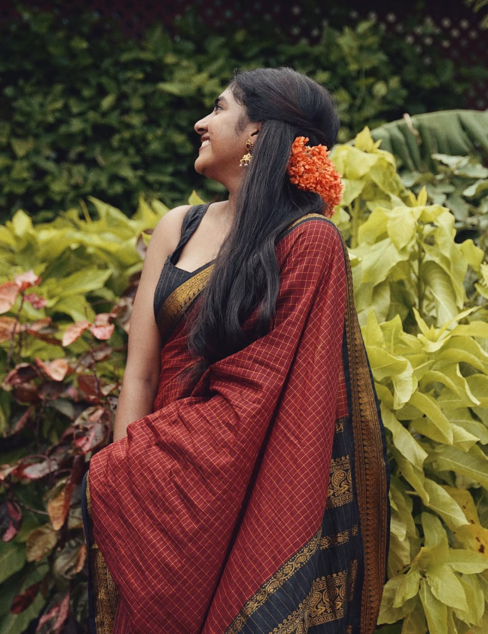 Nimisha Sajayan inspired Maroon with Black checked Silk Cotton Saree