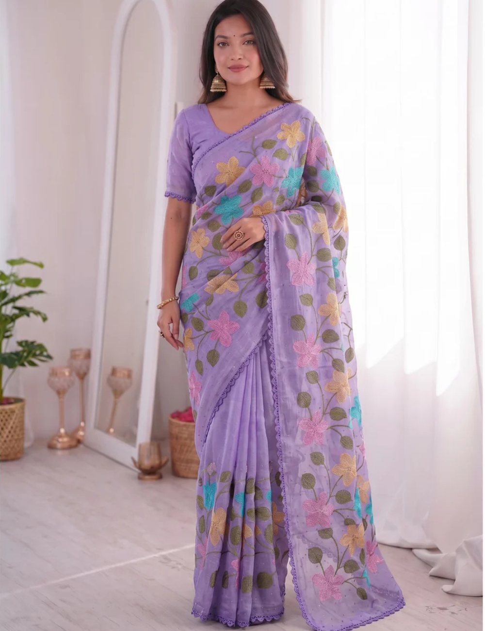 Lavender Viscose Saree with Floral Thread Work