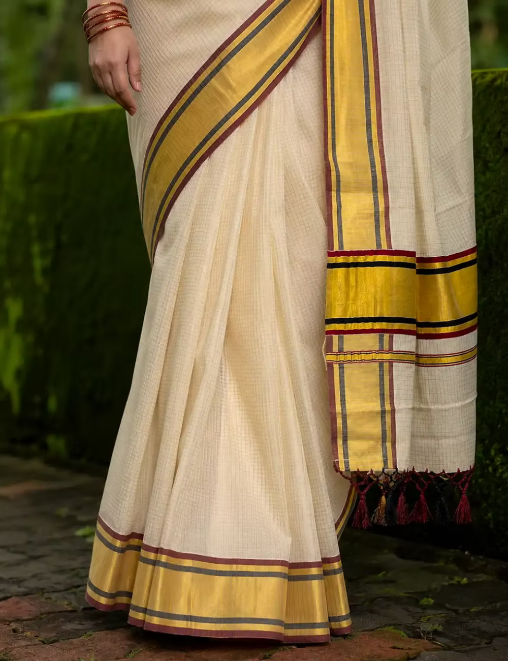 Maroon & Black Micro Checks Kasavu Cotton Saree For Women