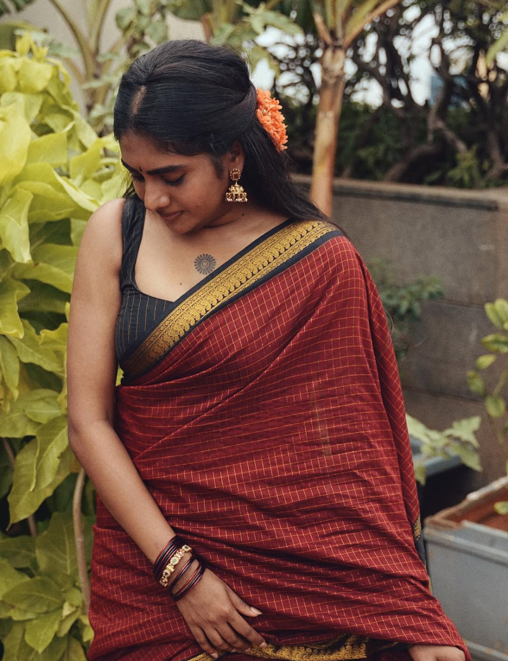 Nimisha Sajayan inspired Maroon with Black checked Silk Cotton Saree