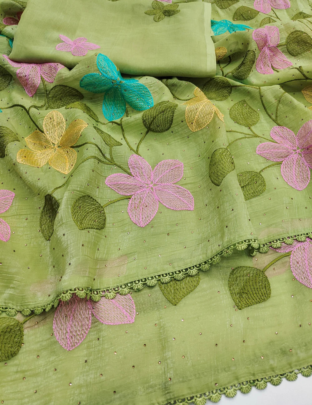 Green Viscose Saree with Floral Thread Work