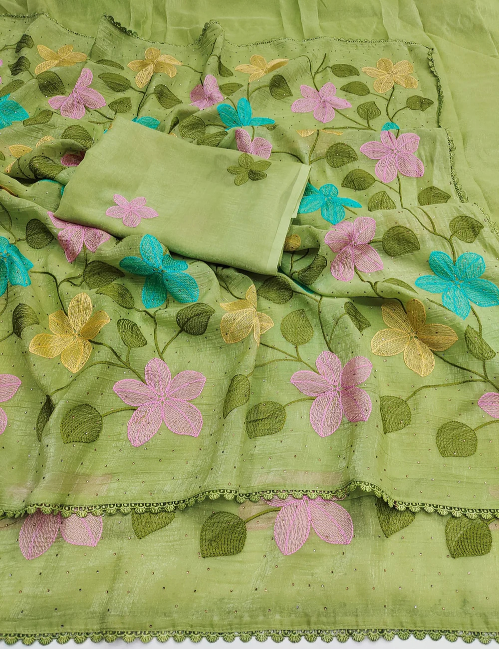 Green Viscose Saree with Floral Thread Work