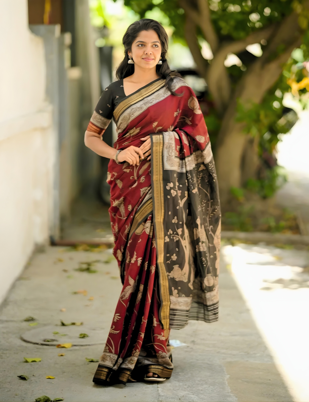 Maroon & Black Traditional Kalamkari Silk Nizam Border Saree
