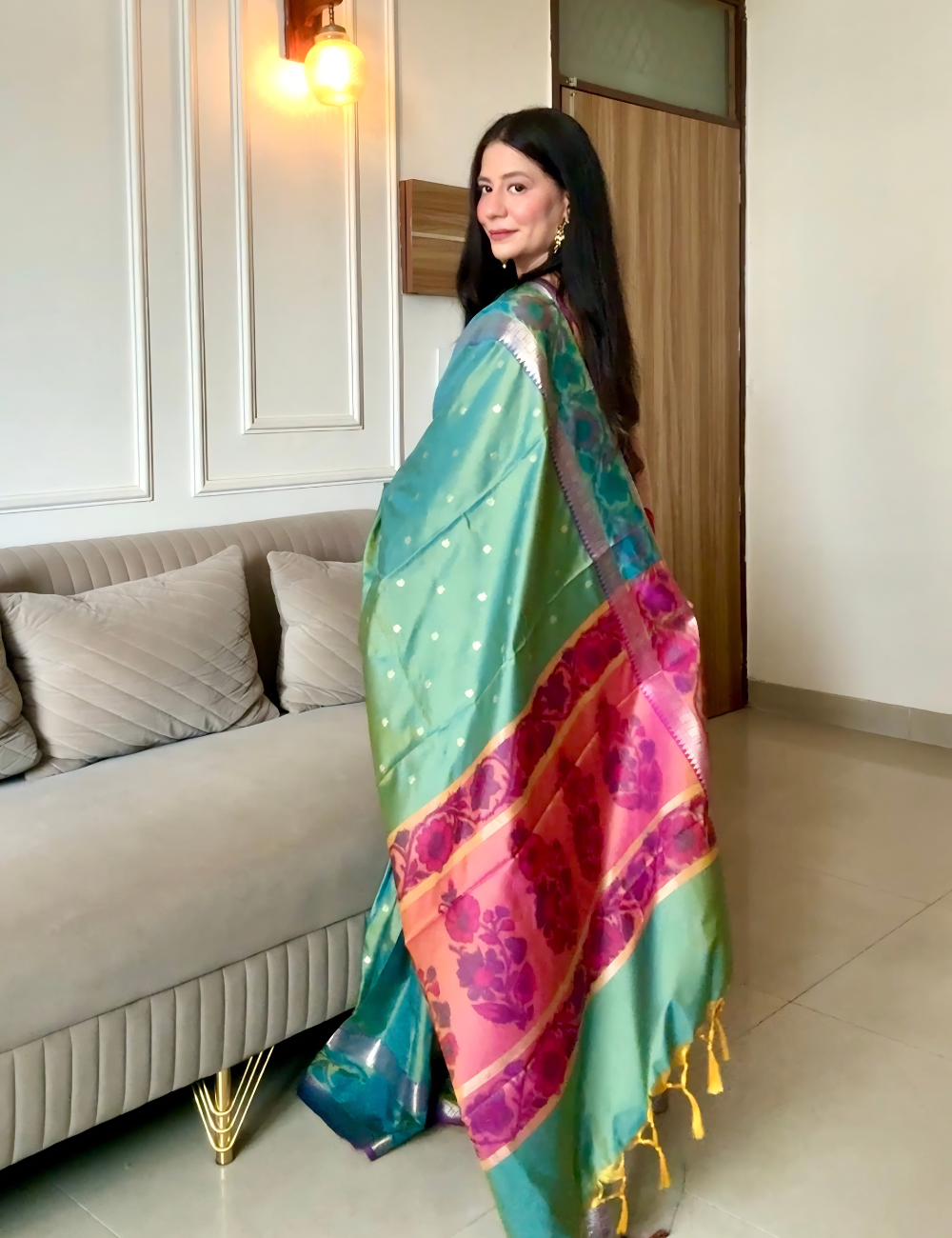 Green Semi Silk Pochampally Saree