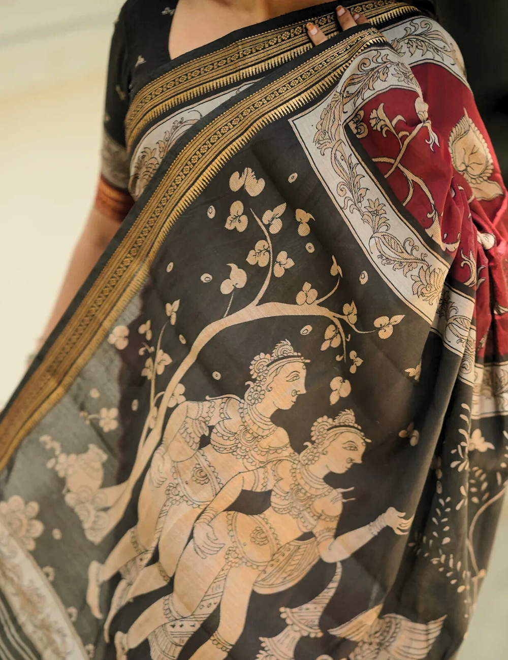 Maroon & Black Traditional Kalamkari Silk Nizam Border Saree