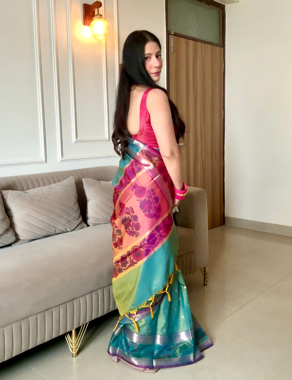 Green Semi Silk Pochampally Saree
