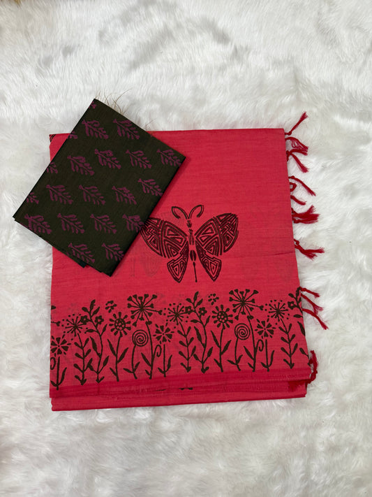 Pink Butterfly Motif Handblock Cotton Saree