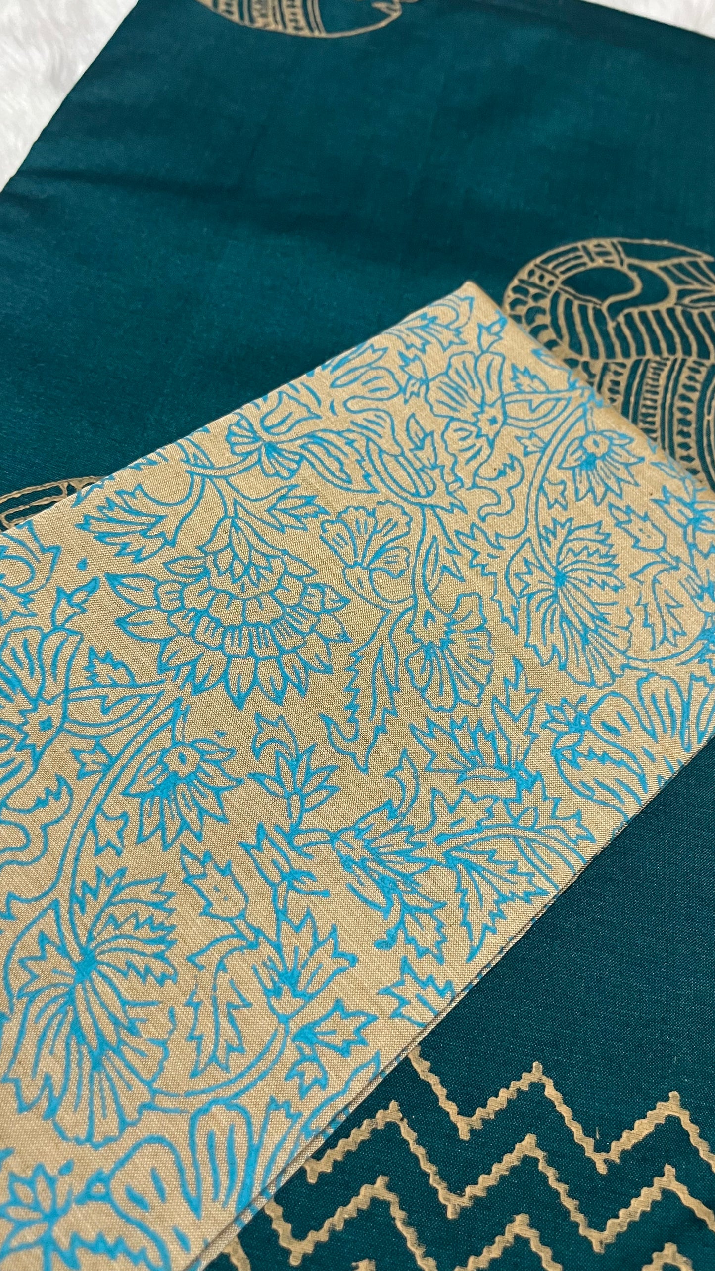 Meenakaari - Teal Blue Handblock South Cotton Printed Saree