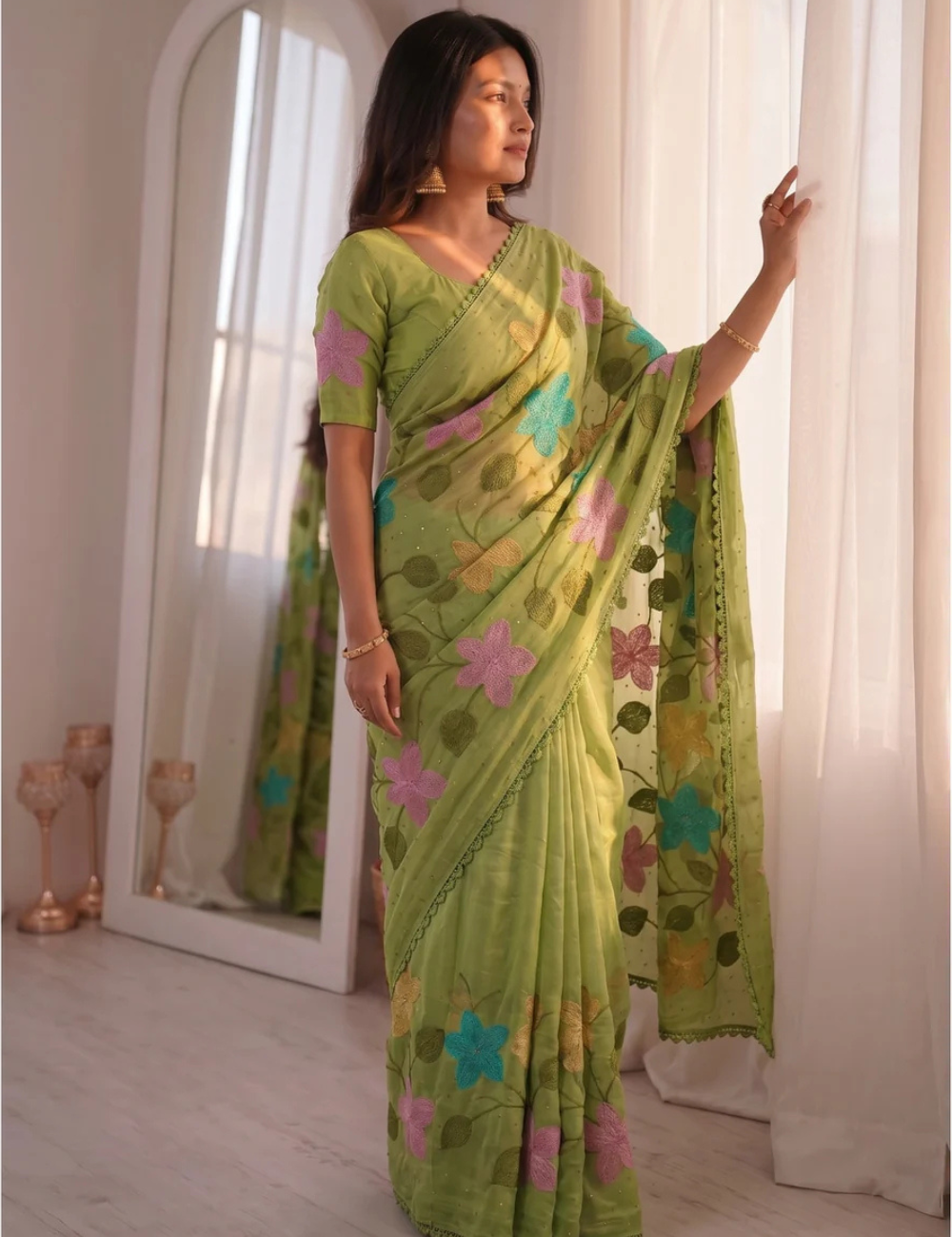 Green Viscose Saree with Floral Thread Work