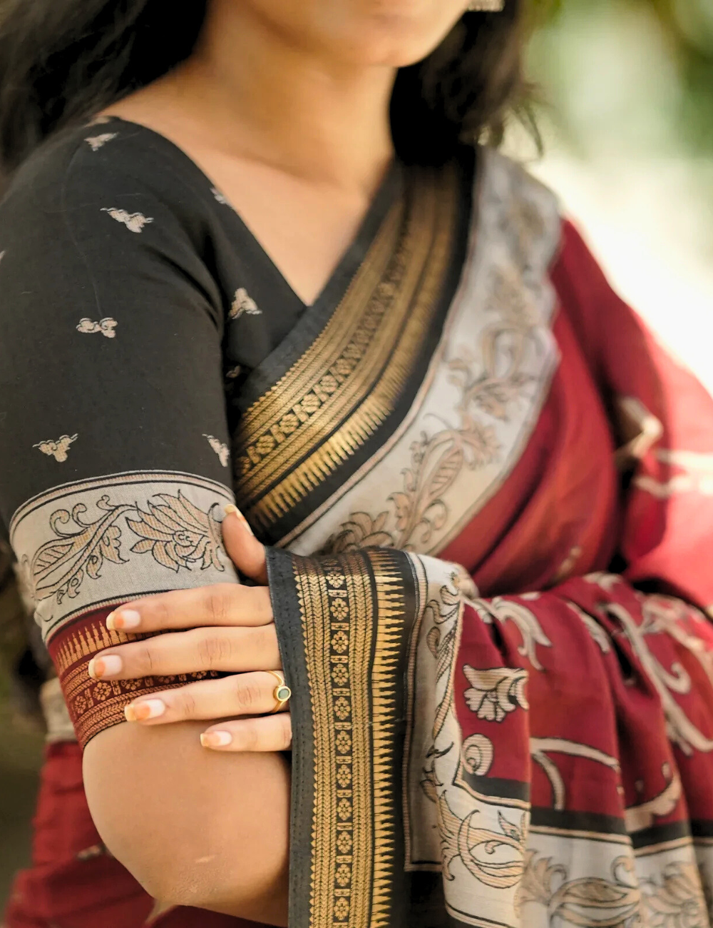 Maroon & Black Traditional Kalamkari Silk Nizam Border Saree