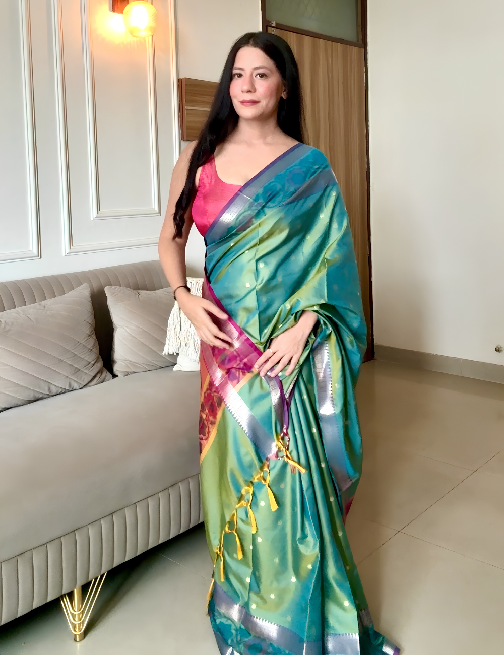 Green Semi Silk Pochampally Saree