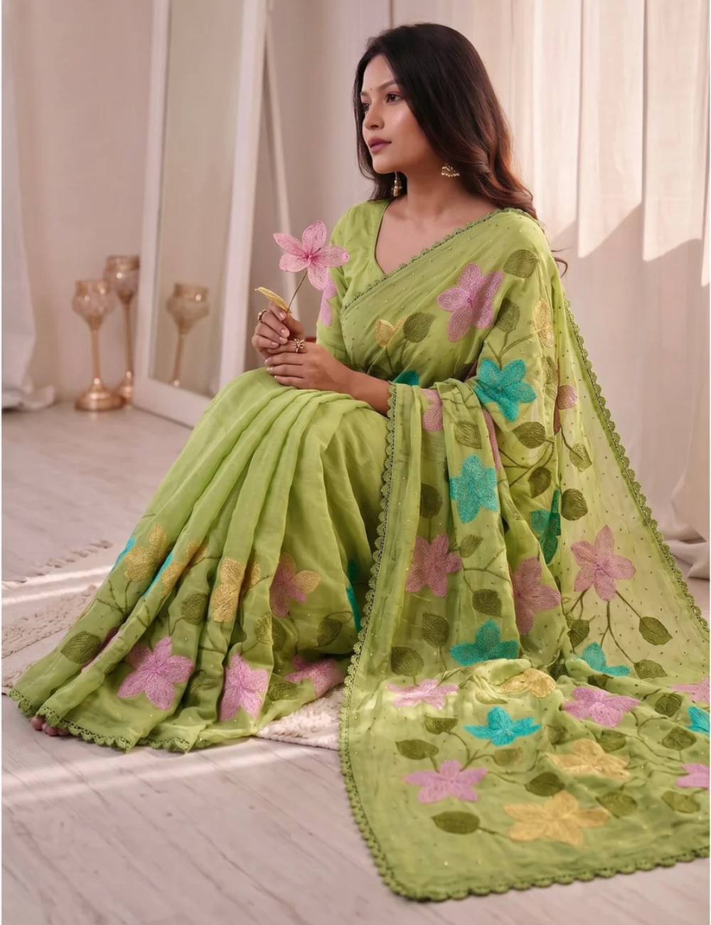 Green Viscose Saree with Floral Thread Work