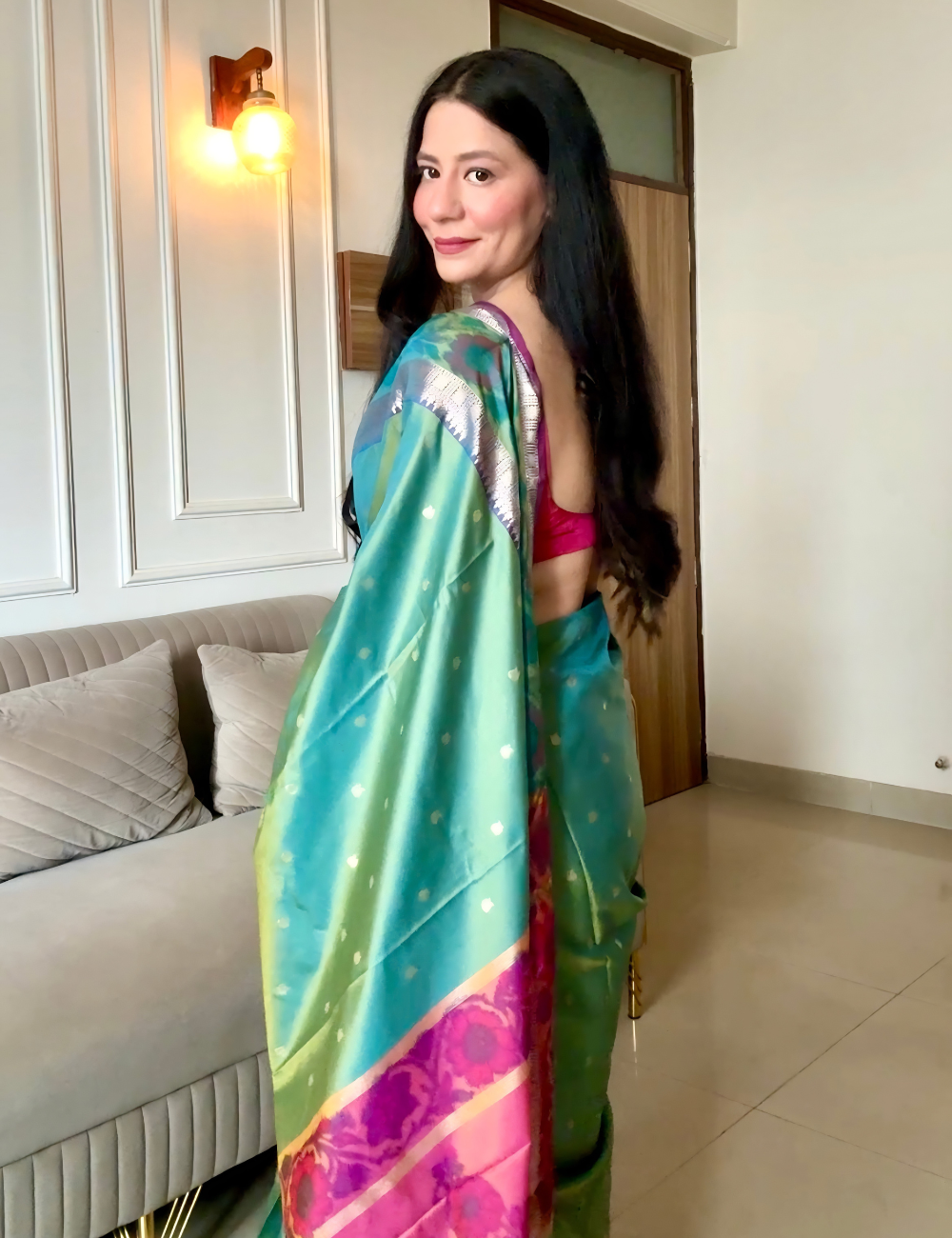 Green Semi Silk Pochampally Saree