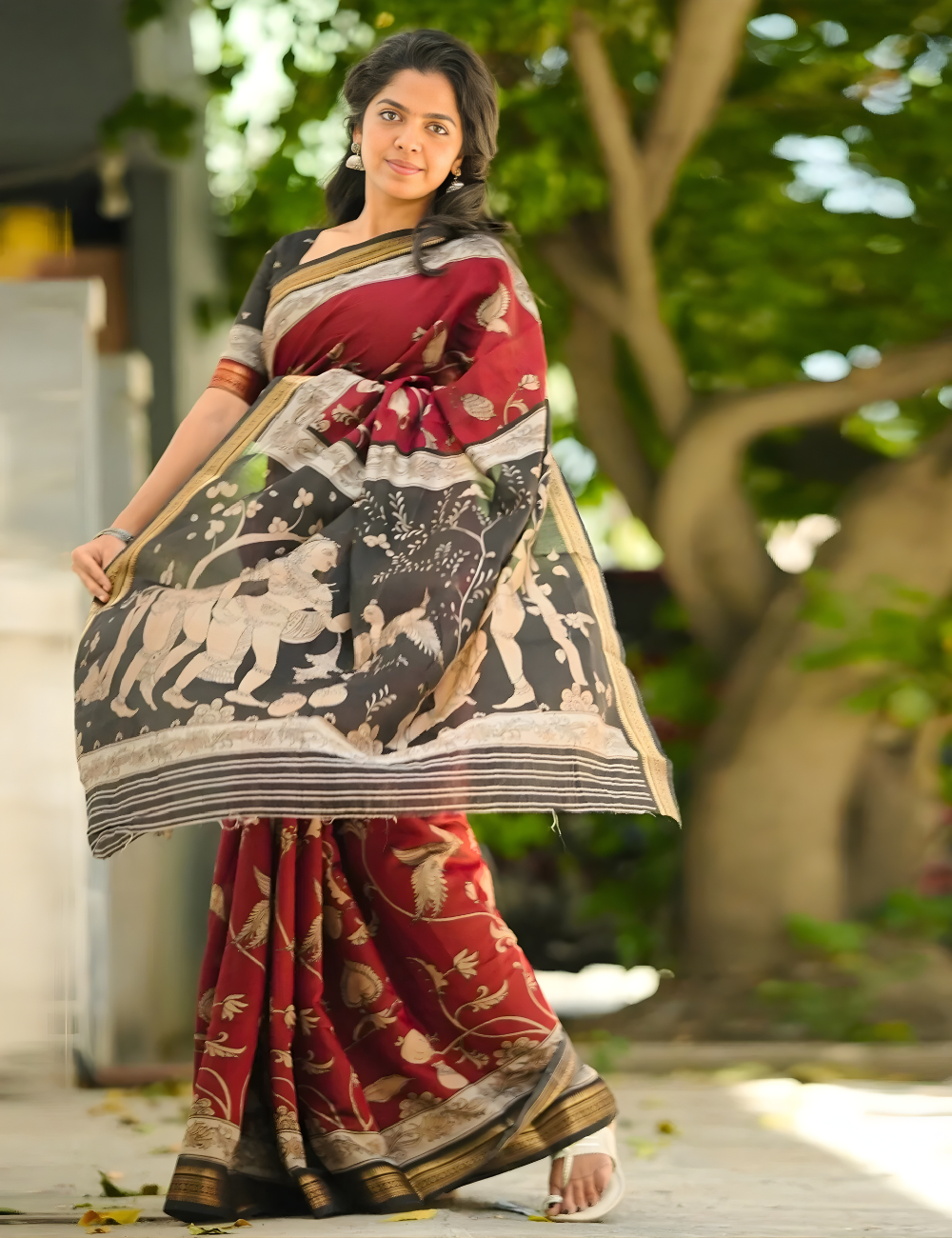 Maroon & Black Traditional Kalamkari Silk Nizam Border Saree