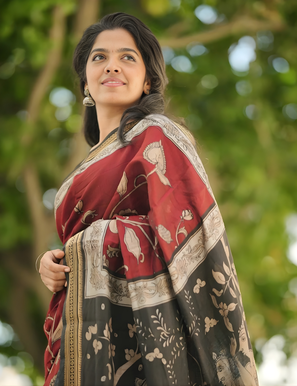 Maroon & Black Traditional Kalamkari Silk Nizam Border Saree