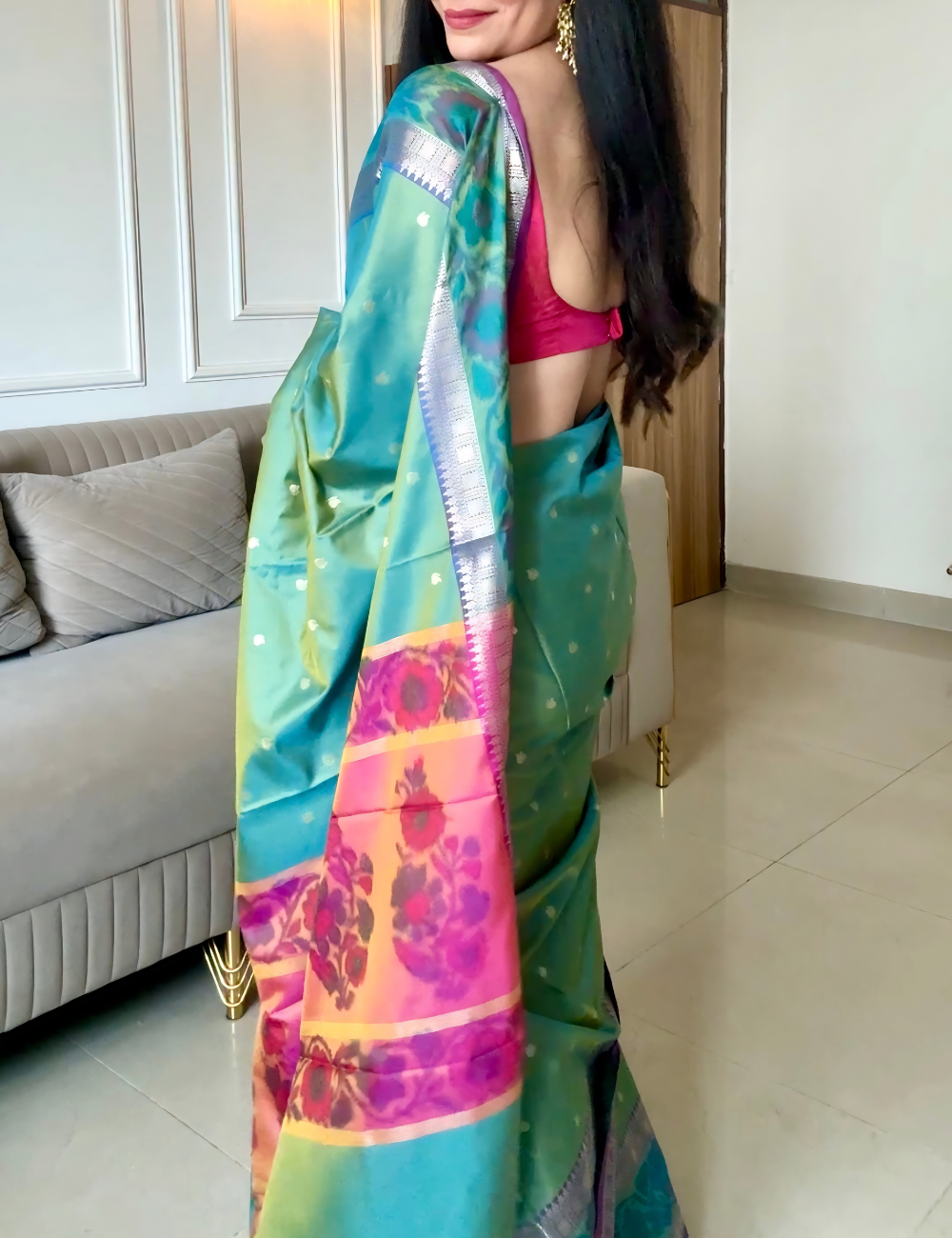 Green Semi Silk Pochampally Saree
