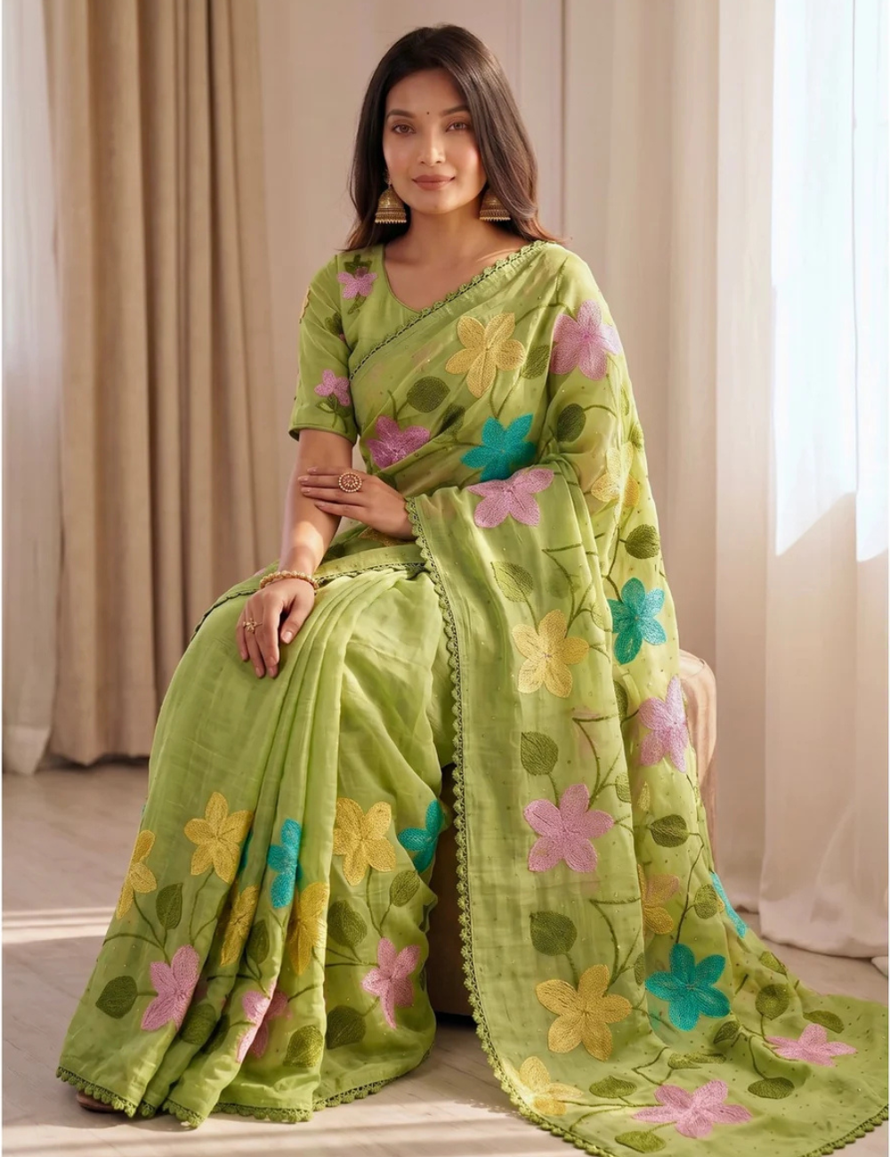 Green Viscose Saree with Floral Thread Work