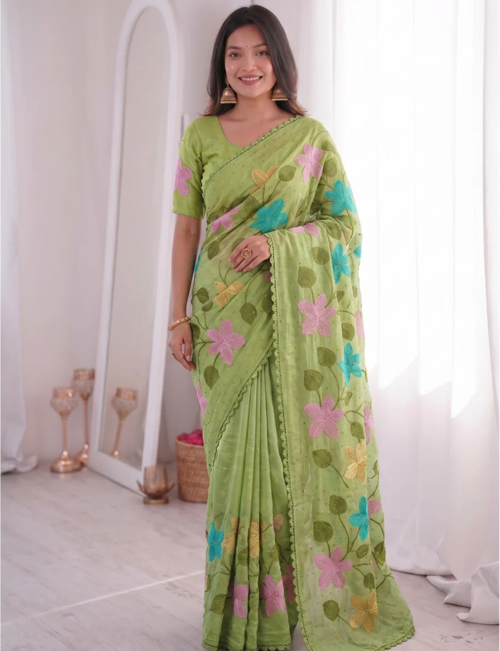 Green Viscose Saree with Floral Thread Work