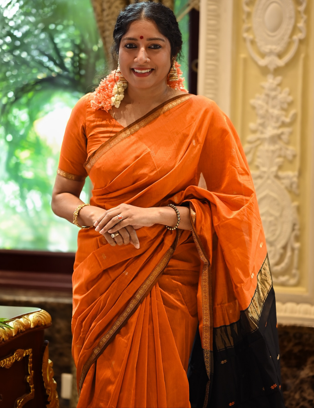 Orange and black - Heartbeat Anumol Silk cotton Handloom saree