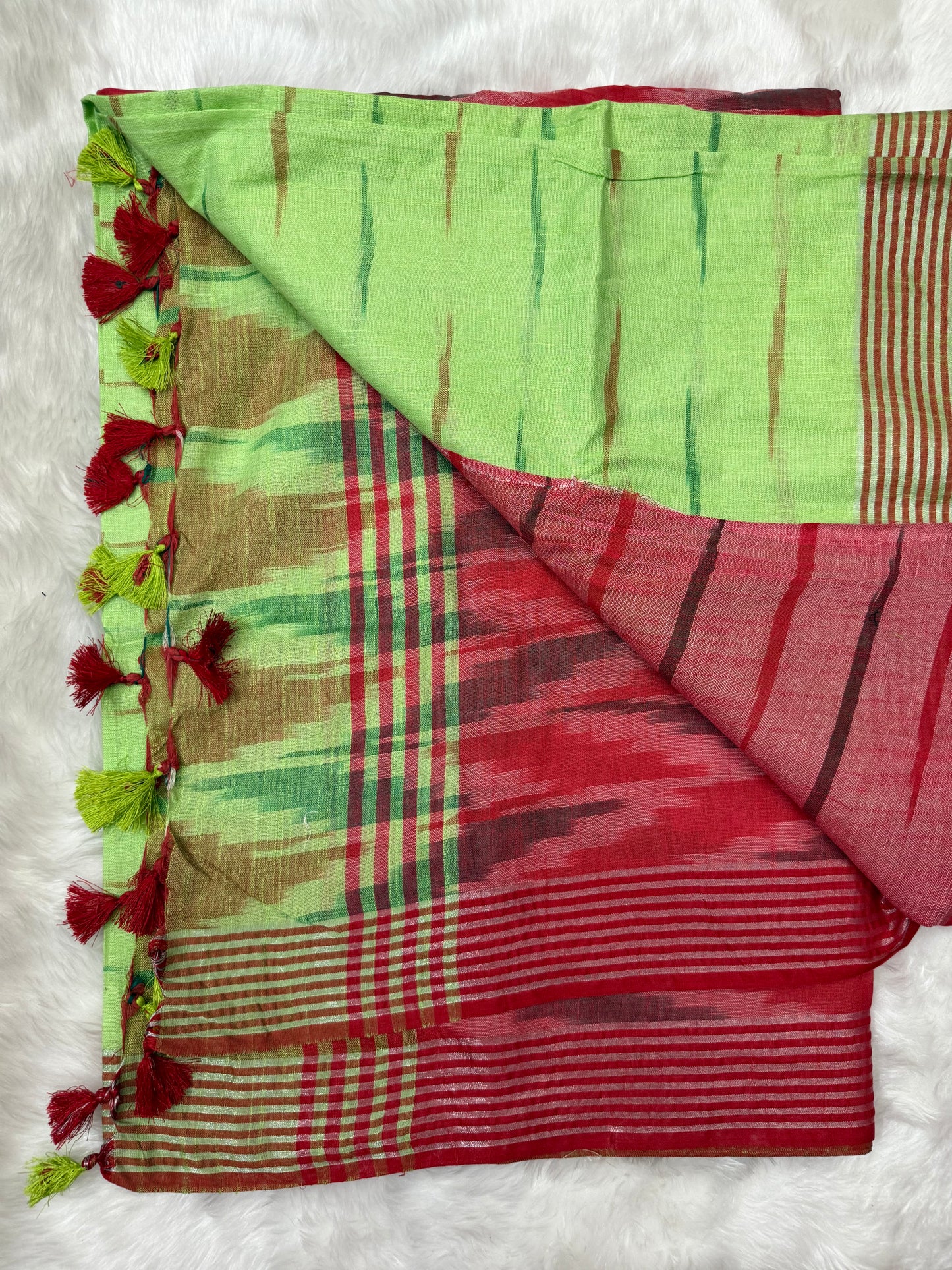 Parrot Green - Red Ikkat Linen Cotton Saree