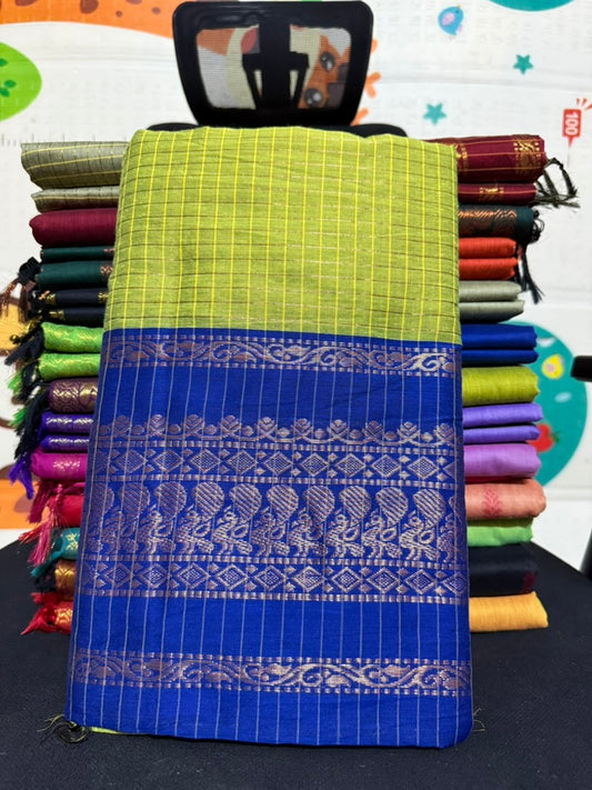 Parrot Green body with golden checks and Deep Blue pallu - Kalyani Silk Cotton Saree