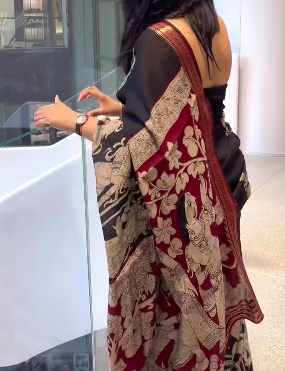 Black & Maroon Traditional Kalamkari Silk Nizam Border Saree