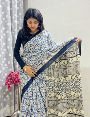Indigo Mul Cotton Saree