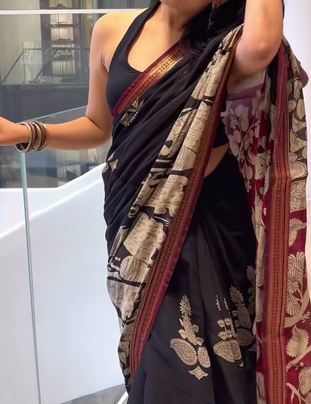 Black & Maroon Traditional Kalamkari Silk Nizam Border Saree