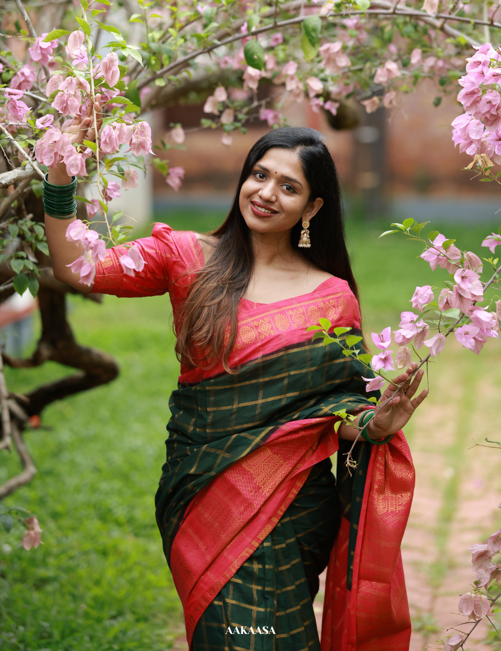 Bottle Green Temple Gopuram Sungadi Cotton Saree