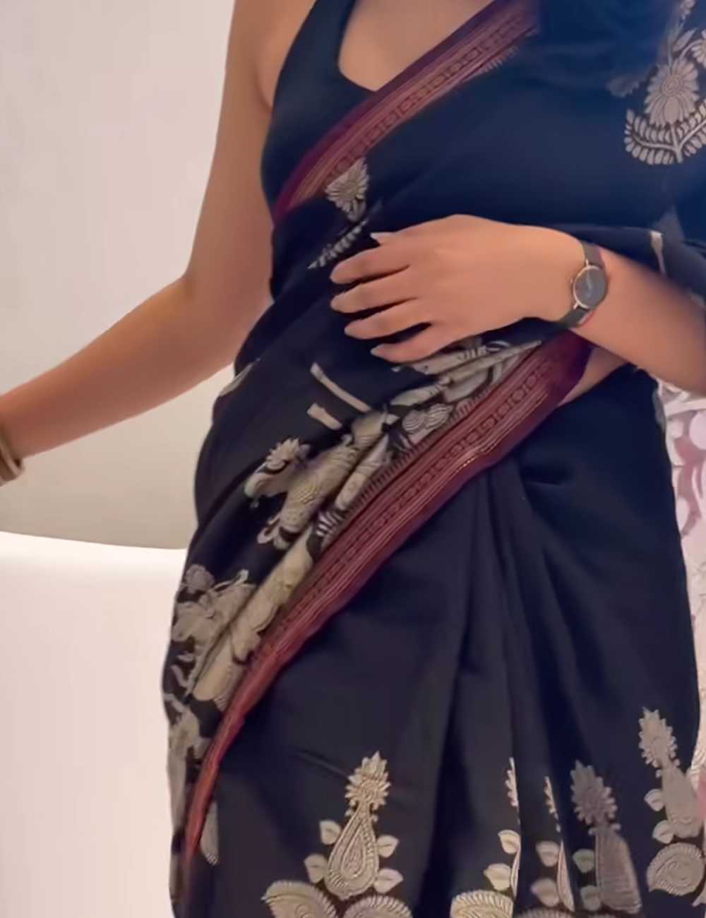 Black & Maroon Traditional Kalamkari Silk Nizam Border Saree