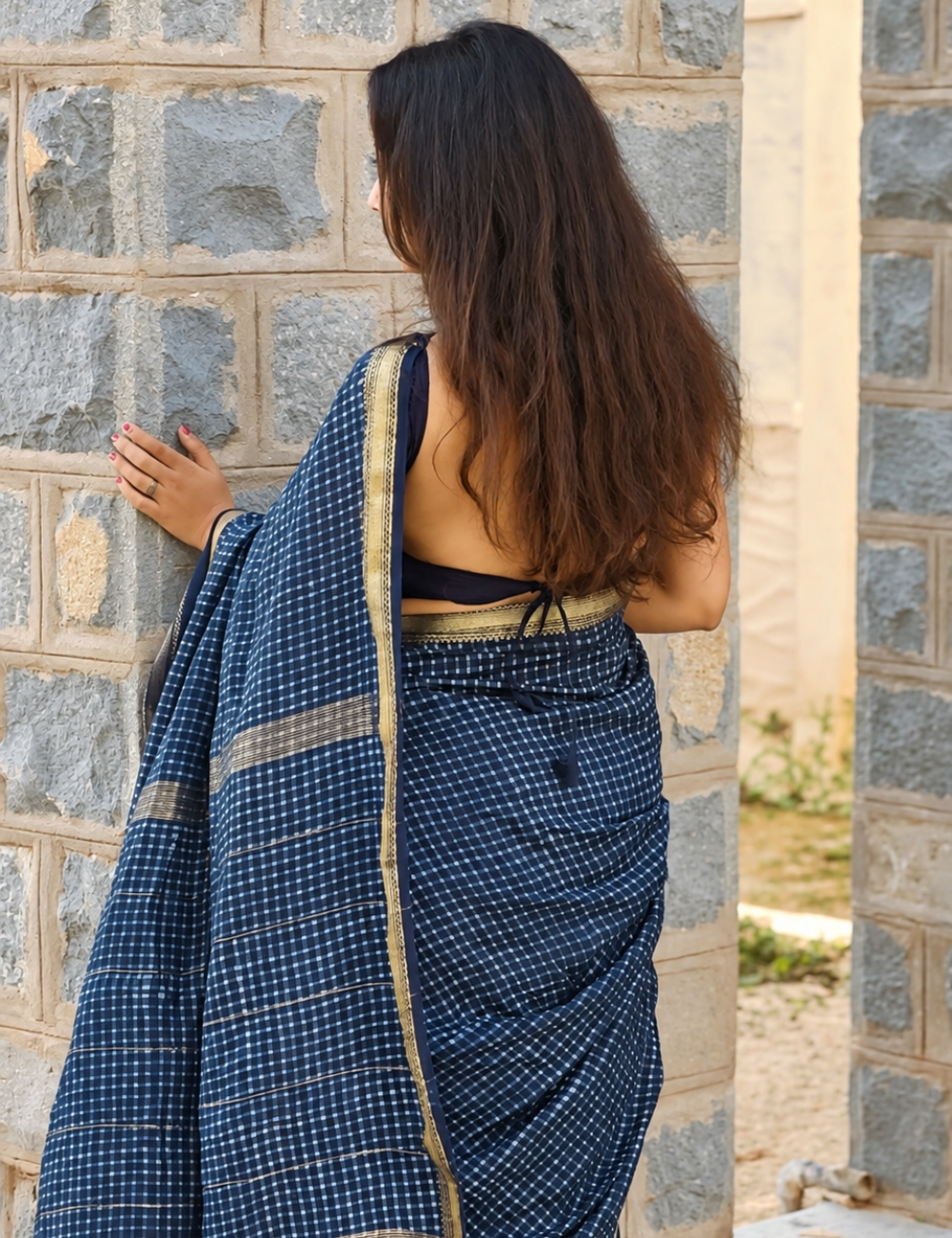 Indigo Premium Handblock Printed Maheswari Silk Saree For Women