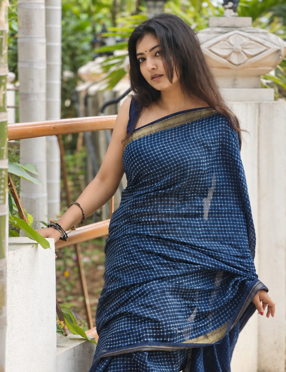 Indigo Premium Handblock Printed Maheswari Silk Saree For Women