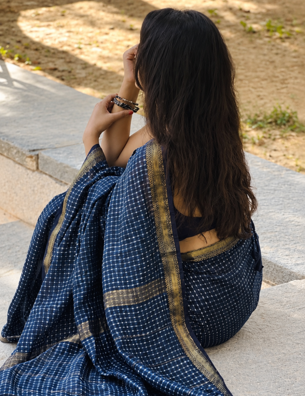Indigo Premium Handblock Printed Maheswari Silk Saree For Women