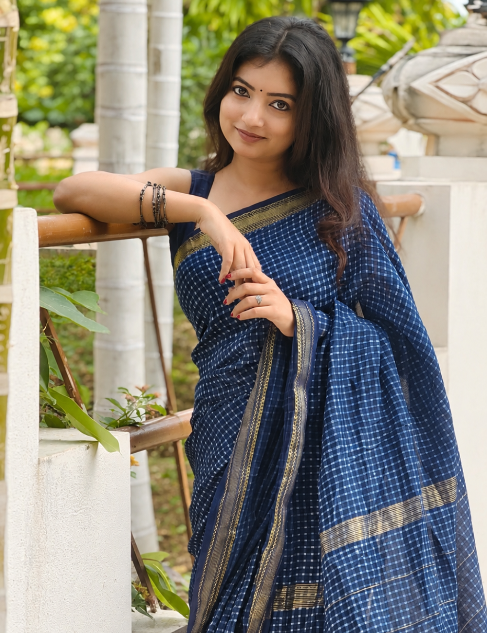 Indigo Premium Handblock Printed Maheswari Silk Saree For Women