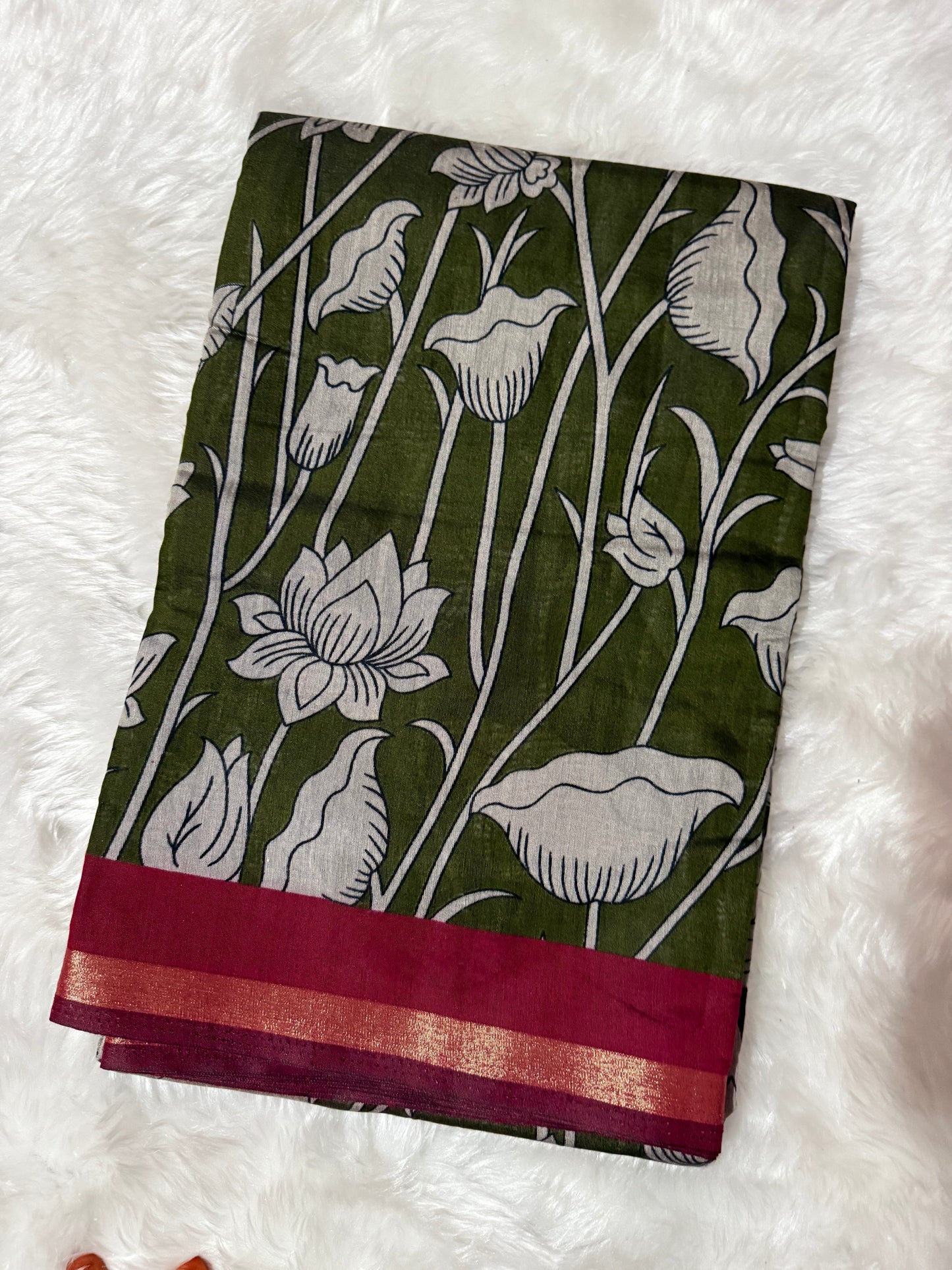 Floral Kalamkari Silk Saree – Green with Red Zari Border