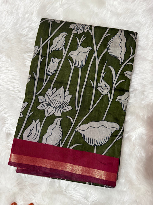 Floral Kalamkari Silk Saree – Green with Red Zari Border