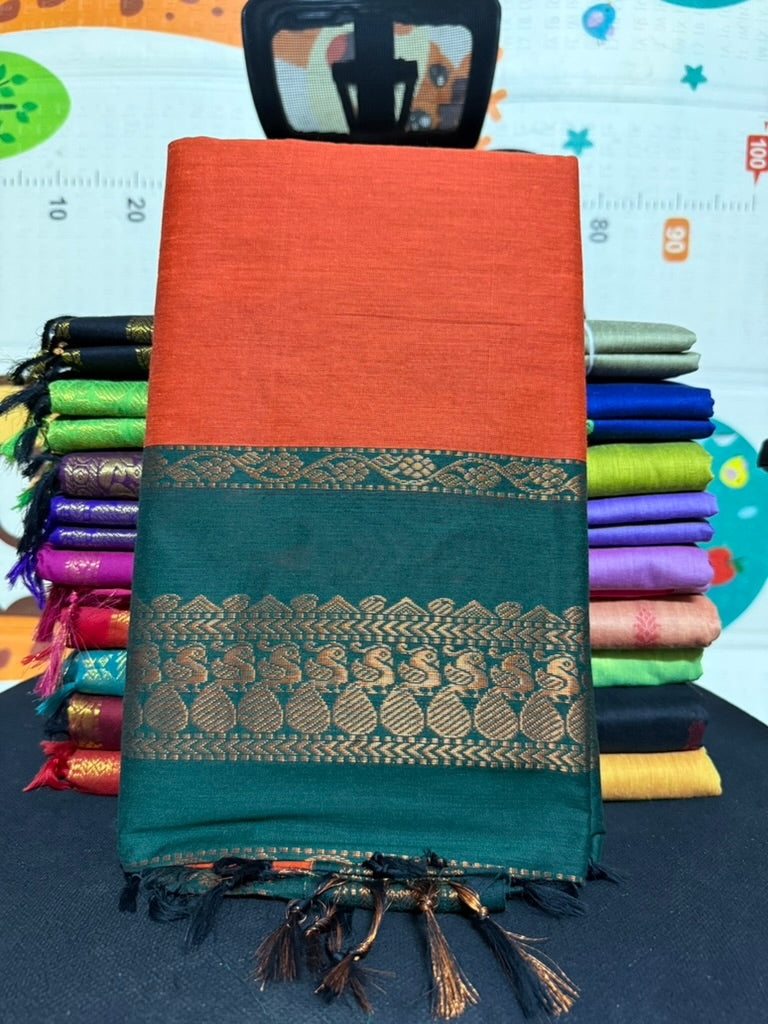 Burnt Orange body with Bottle Green pallu - Kalyani Silk Cotton Saree