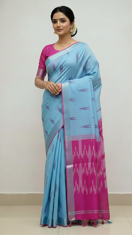 Sky Blue - Pink Ikkat Linen Cotton Saree