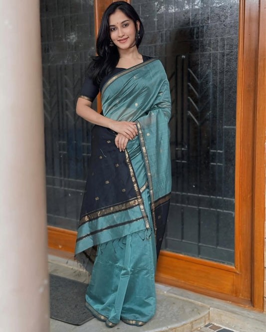 Teal and black - Silk cotton saree