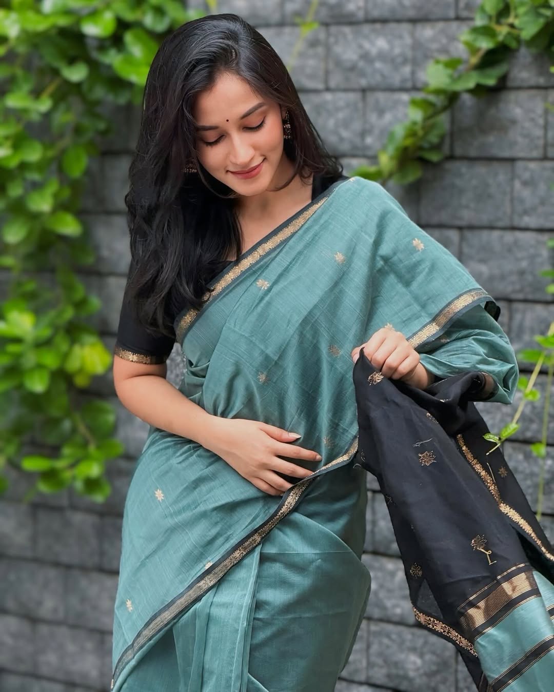 Teal and black - Silk cotton saree