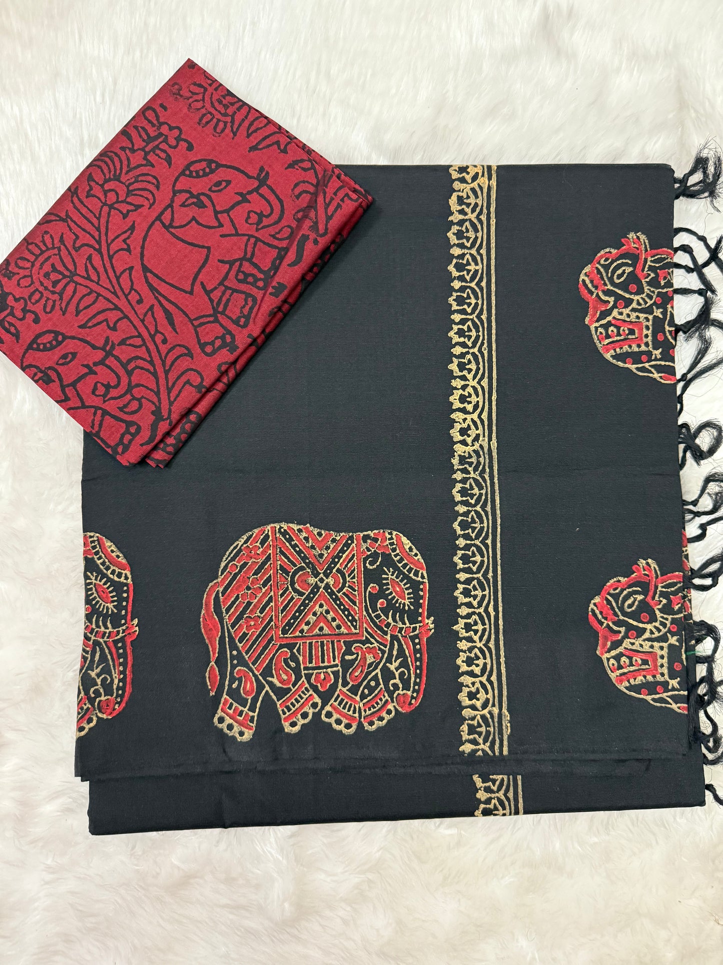Black Elephant Motif Handblock Cotton Saree