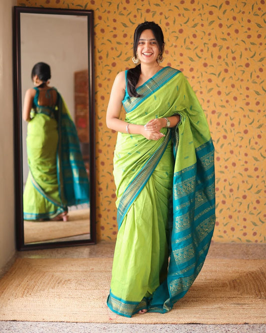 Parrot Green Butta Kalyani Silk Cotton Saree